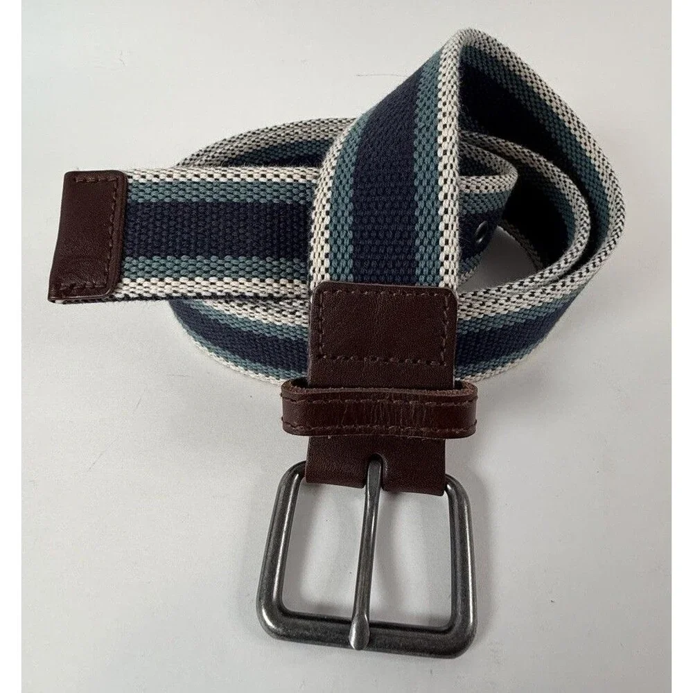 Fat Face Belt Leather Trim Fabric Webbing Classic Brushed Silver Striped Size 40